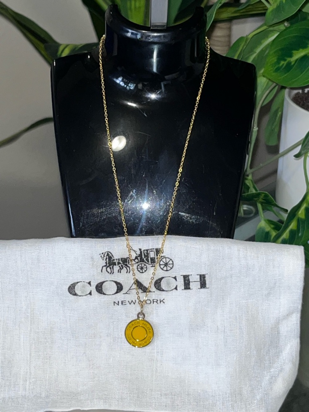 COACH Gold-Tone Necklace with Yellow Enamel Round Pendant & dust bag